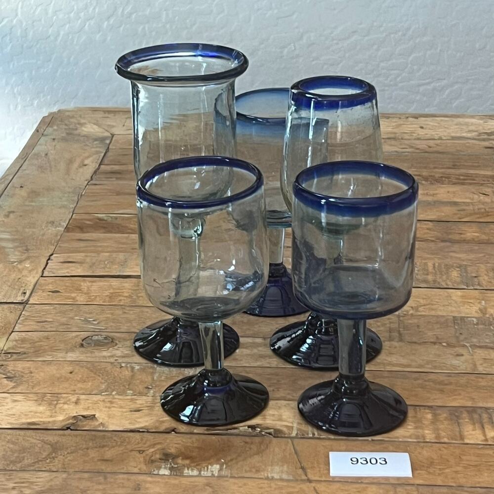 Mexican Hand Blown Goblets Drinking Glasses Cobalt Blue Rim Set of 5 - Picture 12 of 12